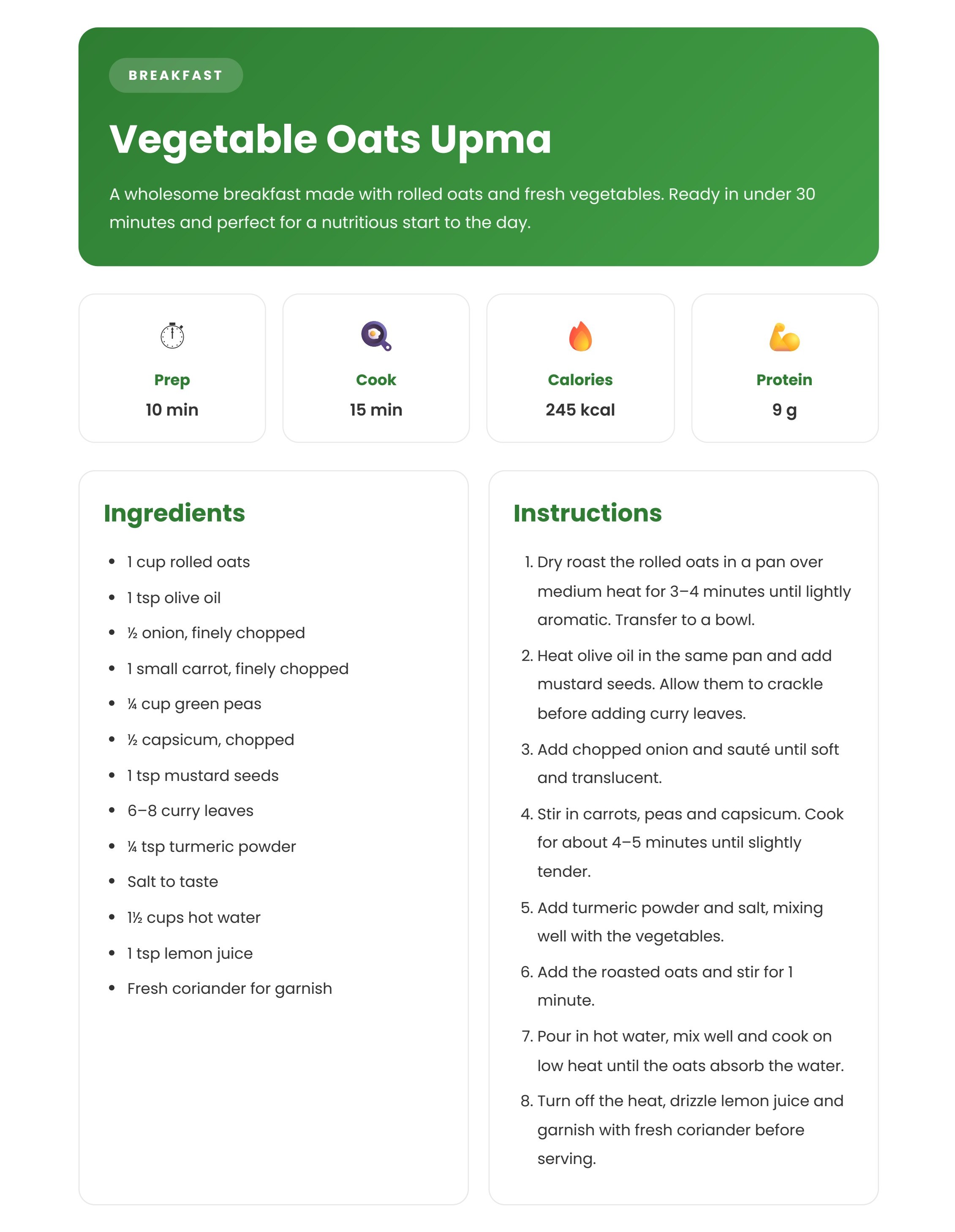 Sample page: Recipe page — Vegetable Oats Upma